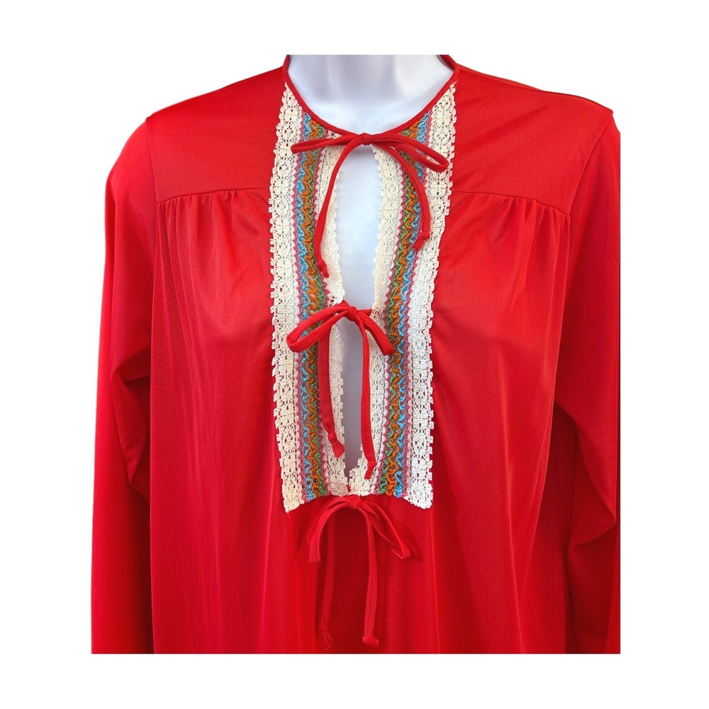 Vintage Unbranded Red Nylon Tricot Maxi Nightgown Grannycore Boho Lace Tie Front